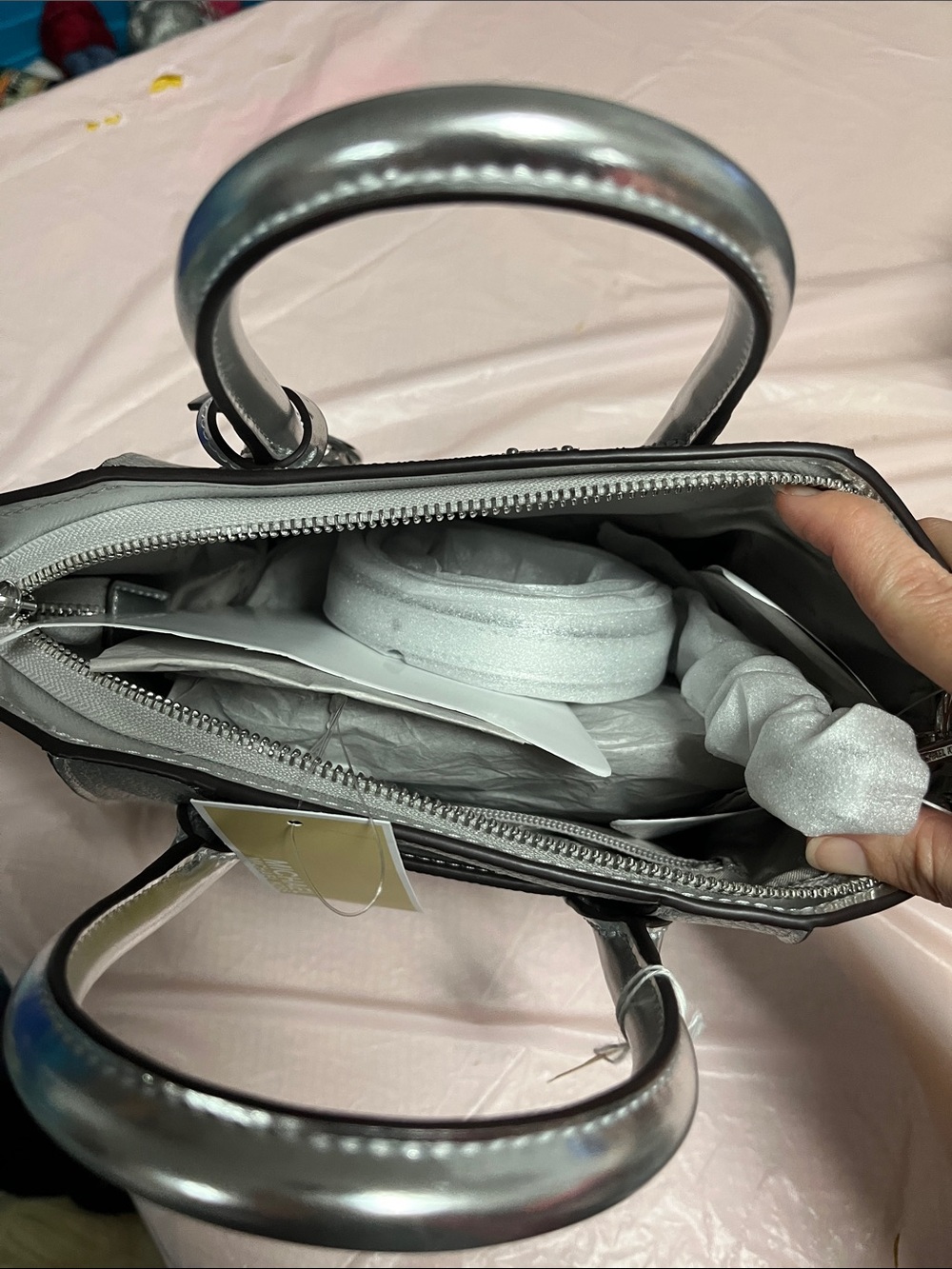 Michael Kors Silver Metallic Patchwork Satchel with MK Charm,cross body strap - Picture 4 of 4